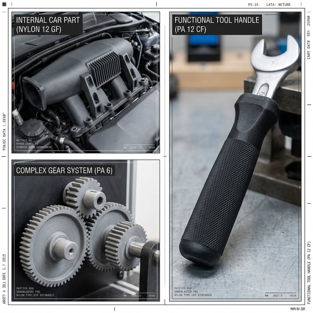 Collage di applicazioni in Nylon: ingranaggi, supporti e parti meccaniche