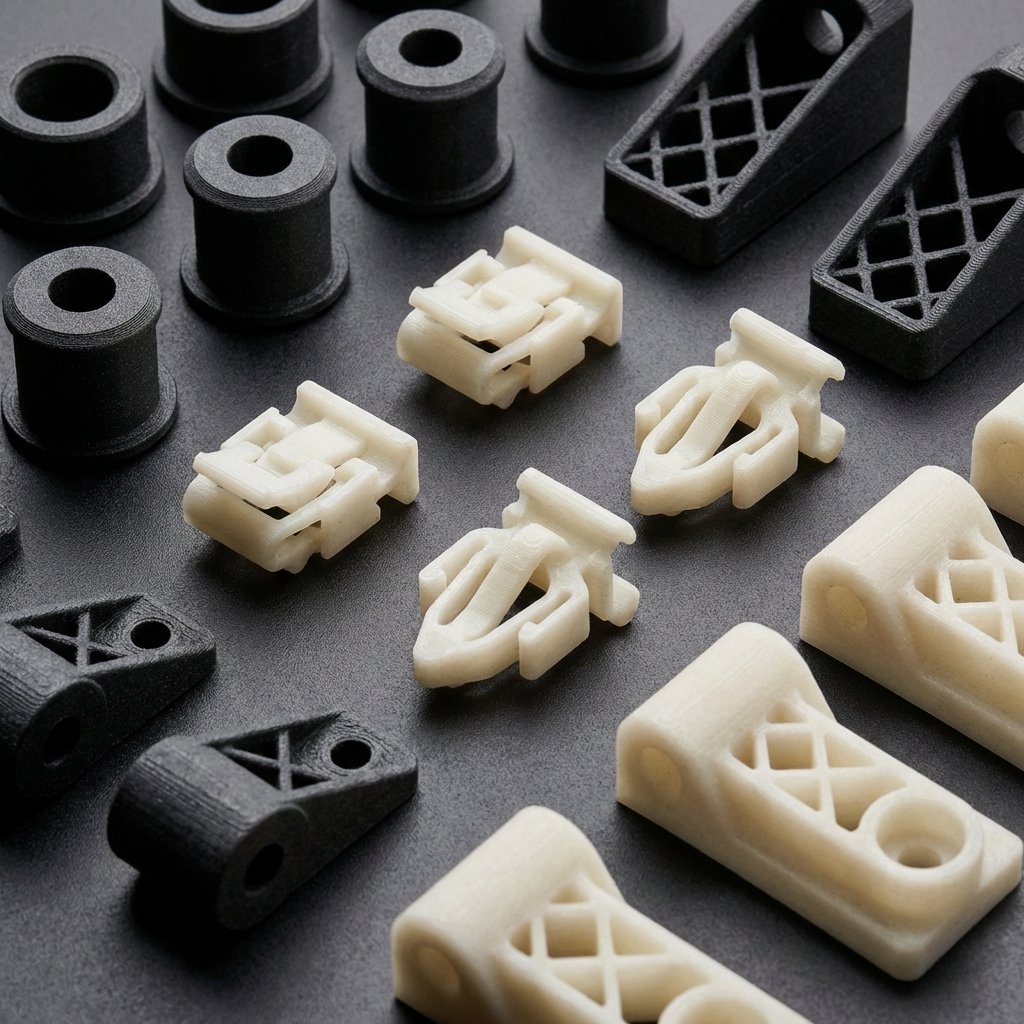 Collezione di componenti tecnici in Nylon: ingranaggi, boccole e parti meccaniche