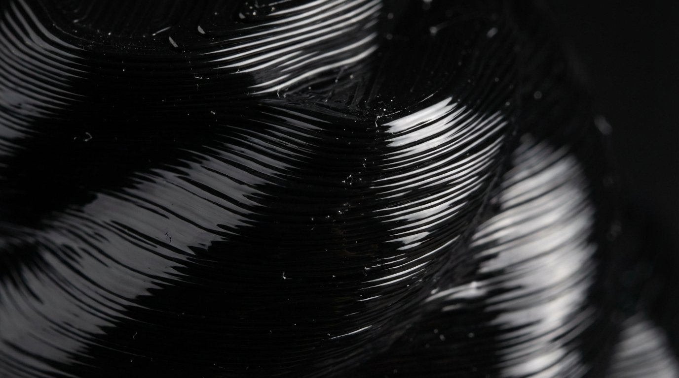 Macro close-up dei layer di una stampa 3D in PETG nero lucido