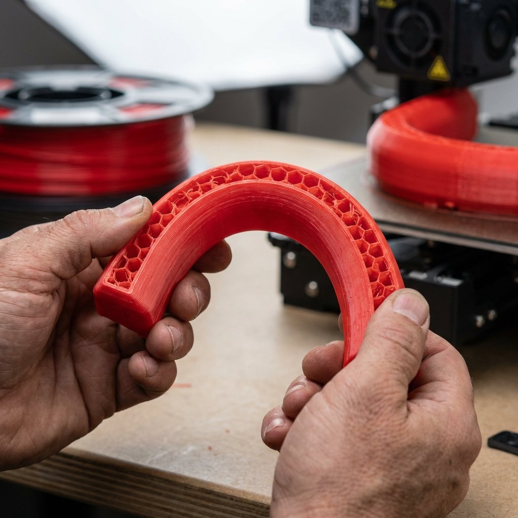 Mani che piegano un paraurti per droni stampato in TPU rosso