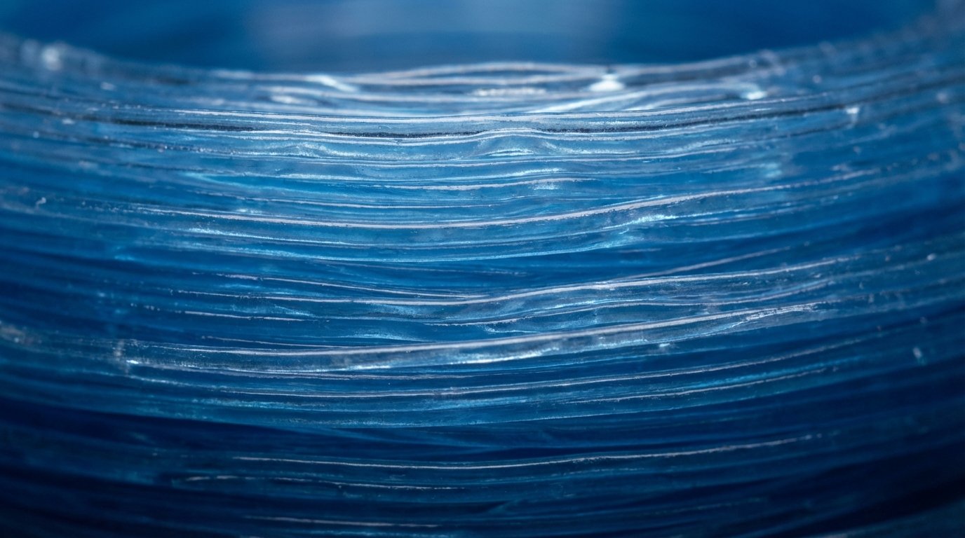 Macro close-up dei layer di una stampa 3D in TPU blu traslucido