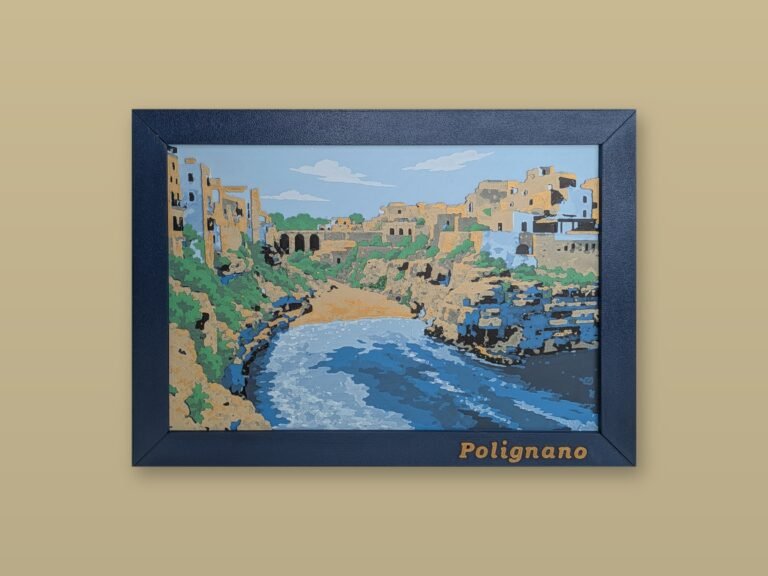 Foto 3D a colori di Polignano a Mare in cornice blu con scritta Polignano in rilievo, stampa 3D Torino
