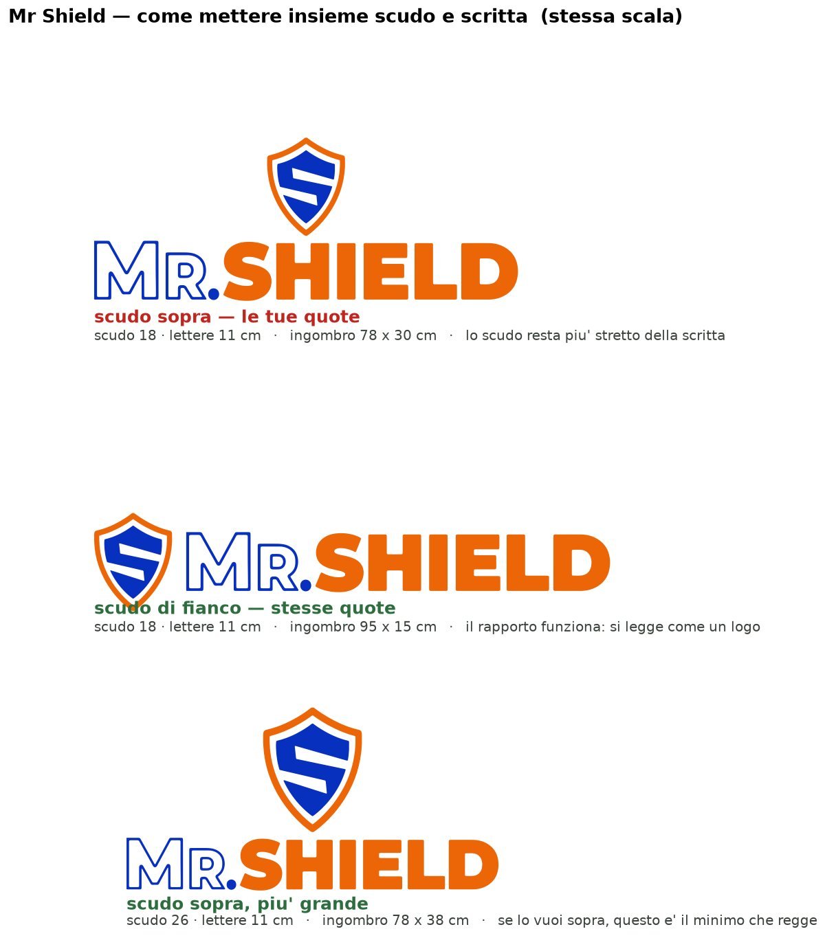 Tre varianti alla stessa scala del logo Mr Shield: scudo sopra la scritta, scudo di fianco, scudo più grande, con le misure in centimetri